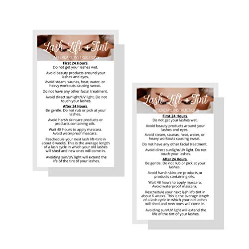Lash Lift + Tint Aftercare Instruction Cards | 50 Pack | 2 x 3.5¡± inches Business Card Single Side | Eyelash Lift and Tint Kit at home diy aftercare supplies | White with Lash Photo Design