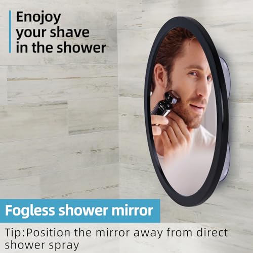YoHumk Black Fogless Shower Mirror for Shaving & Makeup with 3 Suction Cups