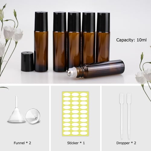 12 Pack 10ml Amber Glass Essential Oil Roller Bottles