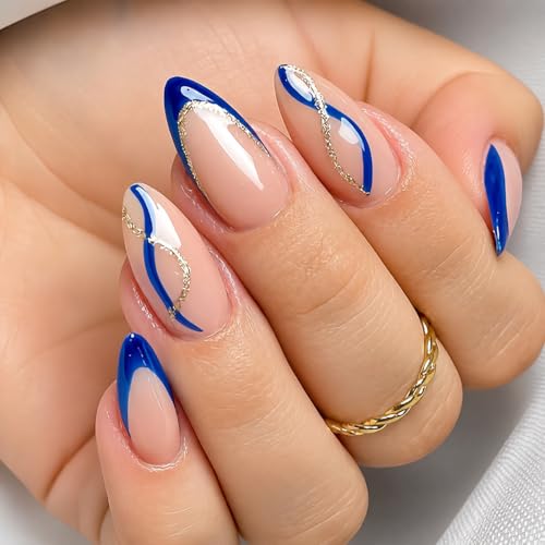 Navy Blue Almond Press On Nails - 24pc Glitter Gold French Tip