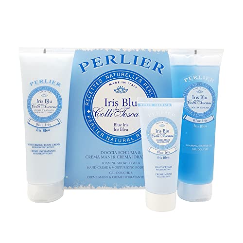 Perlier ? Blue Iris Body Care Trio Gift Set, Shower Gel 8.4 oz + Body Cream 8.4 oz + Hand Cream 3.3 oz, Hydrating Formula, Soft and Silky Skin, Floral Scent, Made in Italy, Beauty Gift Set