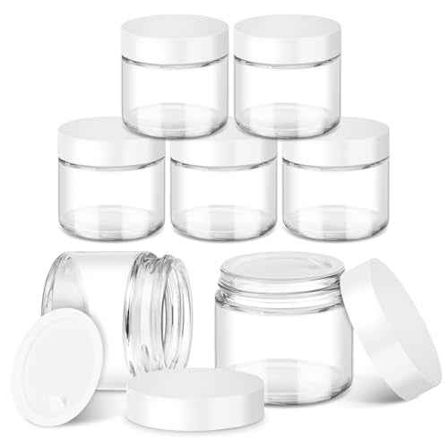 2 oz Glass Jars with Lids, Bumobum 7 pack Clear Small Jar with White Lids, Blank Labels & Inner Liners, 60 ml Empty Round Cosmetic Containers for Sample, Powder, Cream, Lotion, Spice