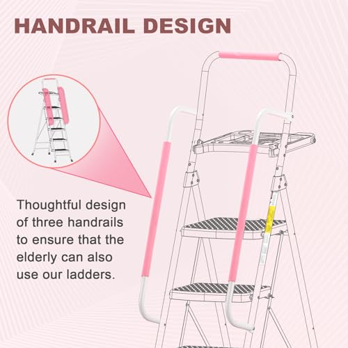 HBTower 5 Step Ladder with Handrails, Folding Step Stool with Tool Platform, 330 LBS Portable Steel Ladder for Adults for Home Kitchen Library Office, Pink