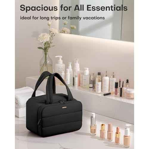 HOTOR Travel Toiletry Bag - Wide-Open Toiletry Bag for Women, Multi-Pocket Makeup Bag for Travel Essentials, Wet & Dry Separation Travel Accessories for Trip, Gym, 11.4" x 5.9" x 8.3", Black