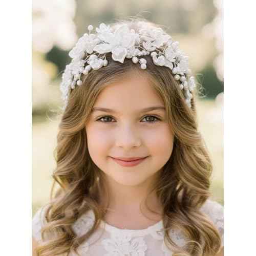 Woeoe Pearl Flower Girl Headpiece, Communion Headband, White Hair Accessories for Girls