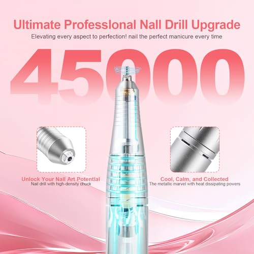 Electric 45000RPM Nail Drill Kit with LCD, Rechargeable USB-C Battery, Professional Manicure & Pedicure