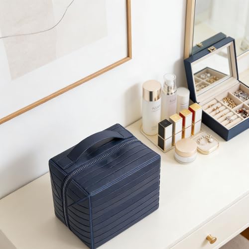 Decumeby Navy Blue Foldable Travel Makeup Bag with Compartments Waterproof PU Leather
