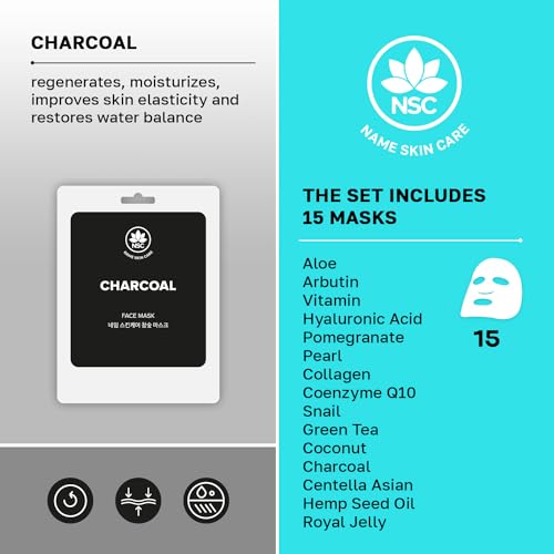 Name Skin Care Korean Cloth Sheet Face Mask Set of 15 - Facial Skin Care Hydrating Hyaluronic Acid Collagen Producing K Beauty Products - Moisturizing Brightening Asian Anti Aging KBeauty Gel FaceMask