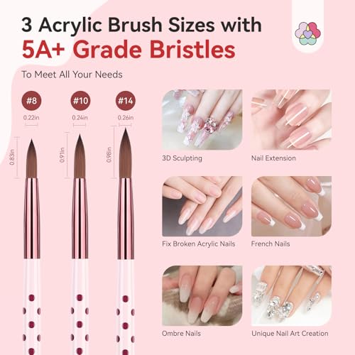 SAVILAND 3PCS Acrylic Nail Brush Set Size 8/10/14 Pink - Light Pink Variant