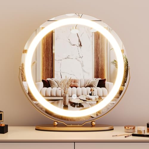 GarveeHome 19 in Vanity Mirror with Lights, Round Large LED Vanity Mirror with Smart Touch 3 Colors Dimmable, Touch Lighting, 360¡Æ Rotation for Dressing Room & Bedroom Tabletop, Easy Assembly(Gold)