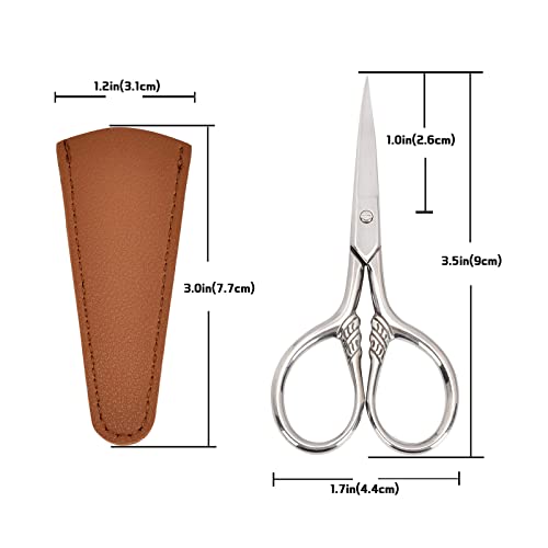 Small Facial Hair Scissors, Stainless steel (silver) Straight Tip Snips Beauty Grooming Kit for Eyebrows, Beard, Ear, Nose, Moustache Trimming with PU Case