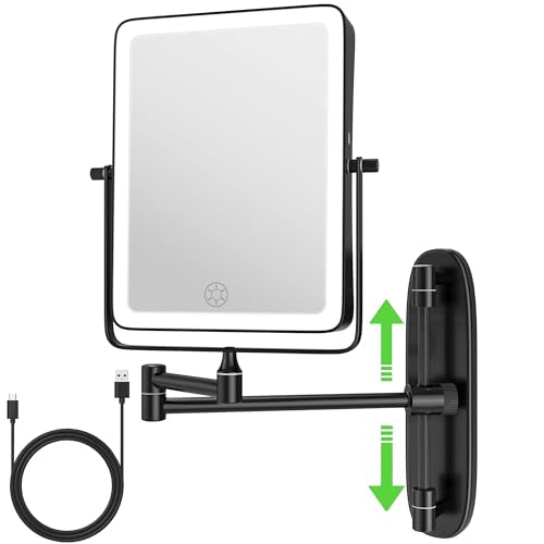 Wall Mounted Lighted Makeup Mirror, Rectangle Double Sided 1X/10X Magnifying Bathroom Height Adjustable Mirror, 6000mAh Rechargeable 3 Color and Dimmable Lights, 360 Rotation Shaving Vanity Mirror