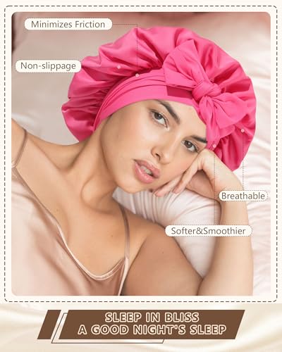 AWAYTR Satin Sleep Bonnet for Sleeping, Adjustable Double Layer Rose Pink