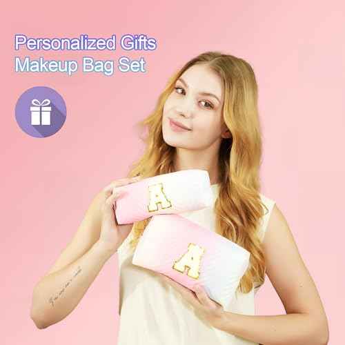 2-Pack Quilted Makeup Bag Set ? Cute Cosmetic Pouch for Travel, Toiletries, Purse & Organizer ? Large Small Zipper Makeup Bags, Personalized Initial Gift for Women, Teens, Girls, Purple C