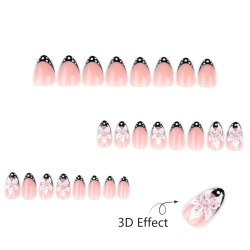 Medium Almond Press On Nails - 3D Floral Design 24pc