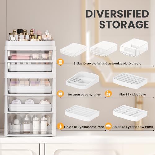 Clear Rolling Cart with 5 Drawers - Dust-Proof Storage for Makeup & Crafts