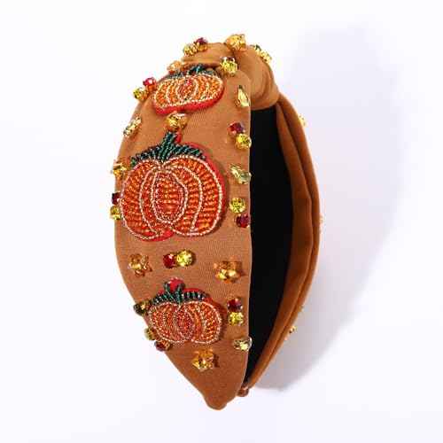 Thanksgiving Fall Headband for Women Thanksgiving Accessories Beaded Turkey Maple Leaf Pumpkin Knotted Headband Embellished Jeweled Rhinestone Pearl Top Knot Hairband Autumn Fall Outfit Holiday Gifts