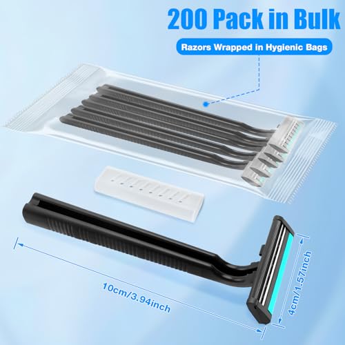 Disposable Razors Bulk for Men 200 Pack, Homeless Supplies Bulk, Twin Blade Mens Safety Travel Supply Shaving Razor, Face Beard Body Shavers for Hotel Camping Bathing (Black)