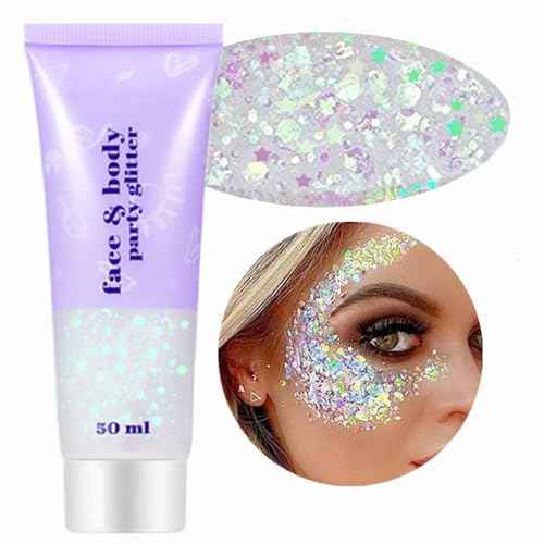 Go Ho Clear White Face Body Glitter - Party Flash Festival Rave Outfits for Women&Kids,Holographic Glitter White Face Paint,Halloween Mermaid Fairy Makeup Chunky Sequins Gel,Rave Pride Accessories