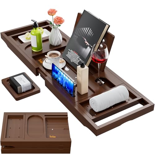 Bamboo Expandable Bath Tray Caddy with Wine & Phone Holder