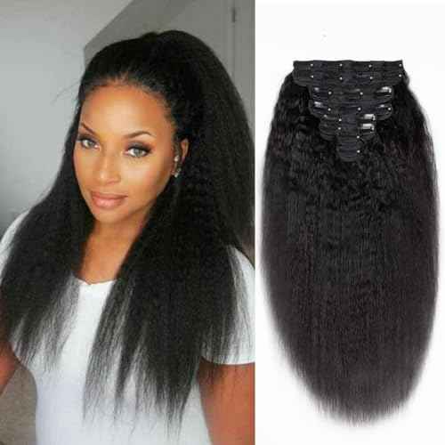 Kinky Straight Clip ins Human Hair Double Weft 8Pcs 120G 4c Yaki Straight Clip Ins Hair Extensions Full Head Brazilian Remy Hair for Women Natural Black(18inch)