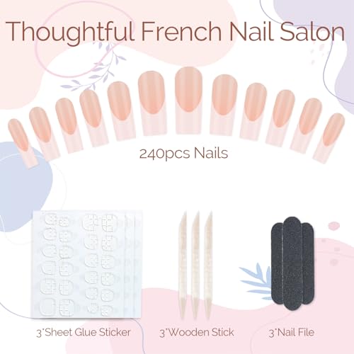 LIARTY 240 Pcs French Press On Nails Short Coffin, French Tip False Nails Manicure, 15 Size Acrylic Full Cover Artificial Fake Nails (Natural)