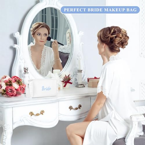 Etercycle Bride White Satin Cosmetic Bag with Blue Embroidery