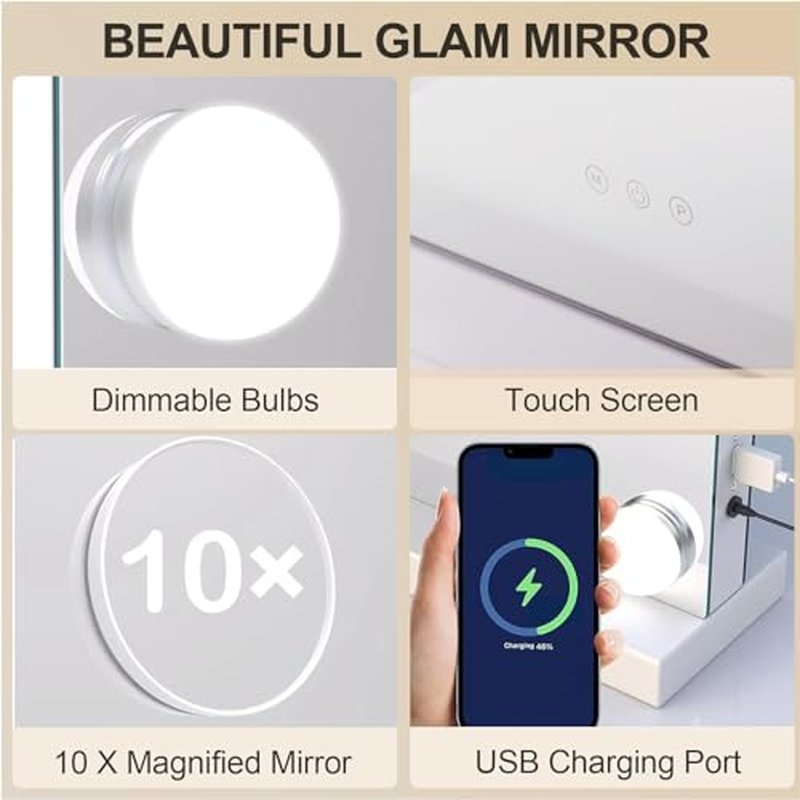 YOURLITE Vanity Mirror with Lights,Large Hollywood Mirror with Lights with 15 Bulbs, 3 Colors Modes & Adjustable Brightness, Makeup Mirrors Vanity with 10x Spot Mirror, USB Charging Port