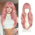 Pink Wavy Wig with Bangs - 26 Inch Heat Resistant Synthetic Hair