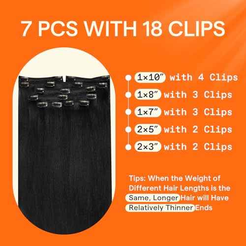 Full Shine Black Clip in Hair Extensions Real Human Hair Jet Black Hair Extensions Human Hair Clip ins Triple Weft Clip in Extensions for Women Straight Natural Hair 7 Pcs 18 Inch