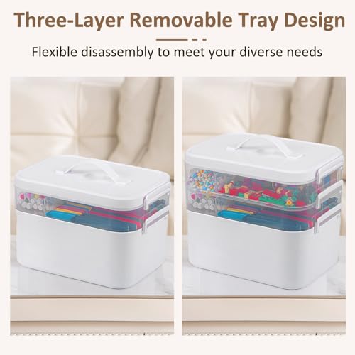 White 3-Layer Plastic Craft Organizer Box with Removable Trays, Handle, 10.6x7.6x9 in