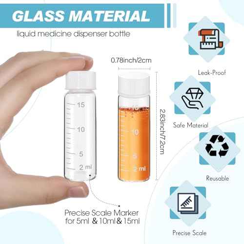 Baderke 4 Pcs Liquid Medicine Travel Container Scale Glass Liquid Containers Small Single Dose Medicine Bottles Dispenser and Leak-proof Plug Travel Essentials Accessories(Clear,15ml)