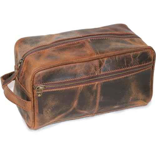 jaald Men's Genuine Brown Leather Toiletry Bag Shaving Bags And Grooming For Travel Groomsmen Gift Men Women Hanging Zippered Makeup Bathroom Cosmetic Pouch Case Make Up kit