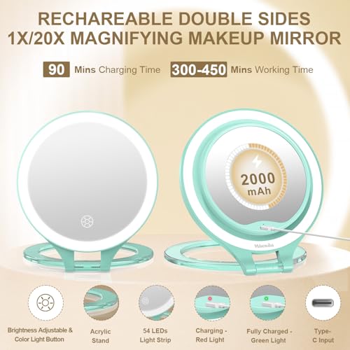 Mocado Green Travel Lighted Makeup Mirror 1X/20X Magnification, Rechargeable