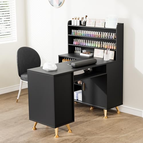 OmySalon L-Shaped Nail Technician Desk with Dust Collector & Storage, 52" Corner Manicure Table