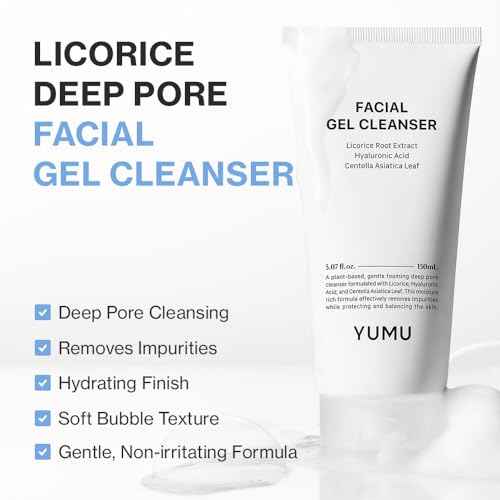YUMU Licorice Deep Pore Facial Cleanser, for Double Cleansing, Centella Asiatica + Ceramide NP + Glycerin, Hydrating Gel Cleanser, Blackhead Remover, Korean Skincare (150ml/5.07 fl.oz.)