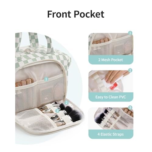 Narwey Travel Toiletry Bag for Women, Checkered Large Makeup Bag, Wide Open Cosmetic Make Up Organizer with Handle, Wet Pocket for Towel, Travel Bag for Toiletries, Brushes, Essentials (Green Checker)