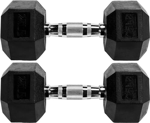 Signature Fitness Rubber Encased Hex Dumbbell, 25LB Pair