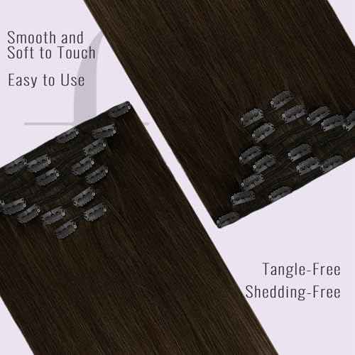 Fshine Clip in Hair Extensions Human Hair 7pcs Per Set with 18 Clips Double Weft Clip in Human Hair Extensions Brazilian Virgin Human Hair Dark Brown For Women 18 Inch