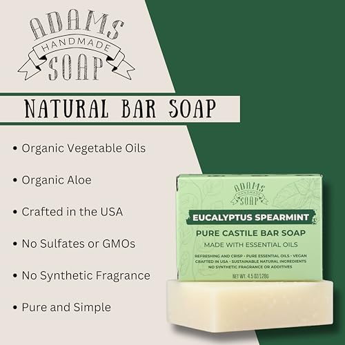 Adams Handmade Soap Eucalyptus Spearmint Pure Castile Bar Soap ? 4.5 oz | Vegan, Cold Process, Essential Oils, 84% Organic, Fair Trade, No Additives, USA Made
