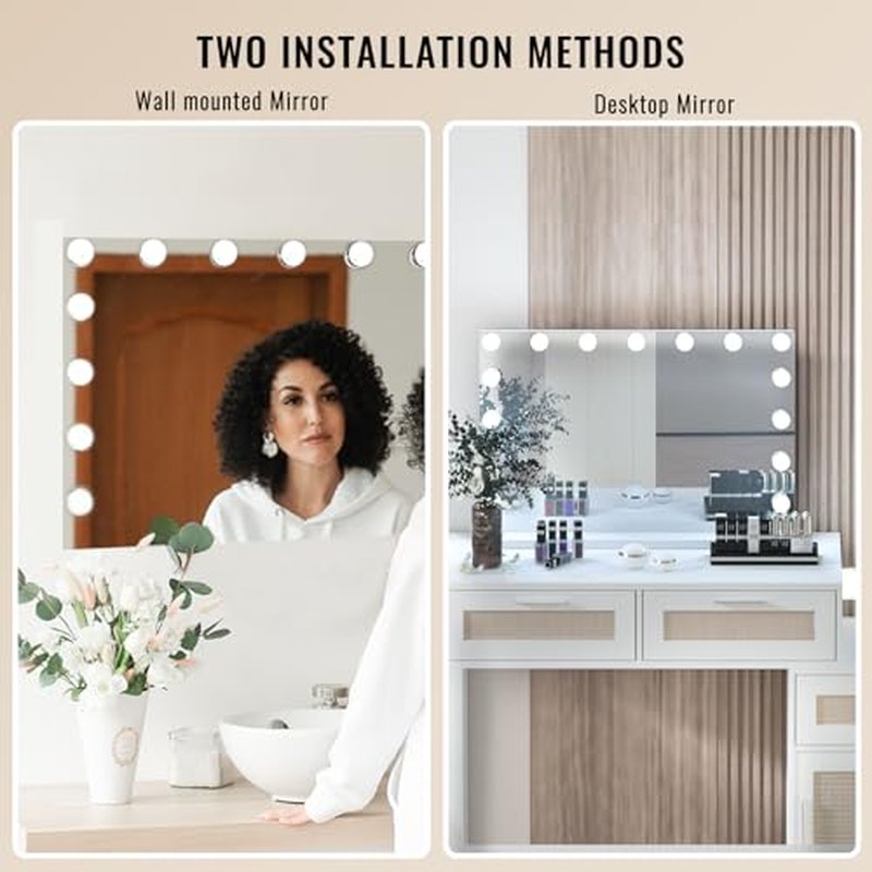 YOURLITE Vanity Mirror with Lights,Large Hollywood Mirror with Lights with 15 Bulbs, 3 Colors Modes & Adjustable Brightness, Makeup Mirrors Vanity with 10x Spot Mirror, USB Charging Port