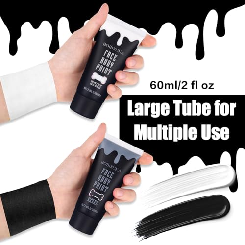 BOBISUKA Black and White Face Body Paint Kit, Water Based Face Painting for Halloween Clown Skeleton Joker Zombie Mime Sugar Skull Makeup for Women Adults, Non-Toxic Washable