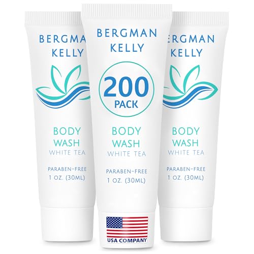 BERGMAN KELLY Travel Size Body Wash (1 fl oz, 200 PK, White Tea), Delight Your Guests with a Revitalizing and Refreshing Hotel Body Wash, Quality Mini and Small Size Guest Hotel Toiletries in Bulk