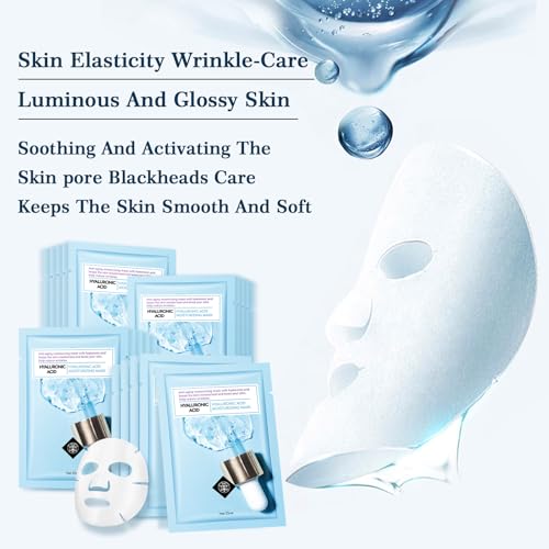 Face Mask Skin Care Hydrating Anti Aging Facial Mask Hyaluronic Acid Sheet Pack Deep Moisturizing Hydration Facemask Sheets for Women SkinCare Beauty Smoothing Rejuvenating Growing Gifts10 Sheets