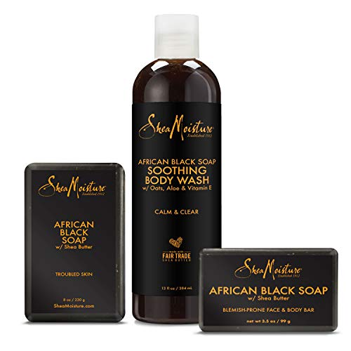 SheaMoisture Bath Face Skin care Kit Body Cleanser for Dull Skin African Black Soap Made with Fair Trade Shea Butter, Aloe Vera, 3 Count