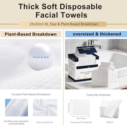 Disposable XL Face Towels 100 Count (2 Pack of 50) Biodegradable Wash Cloths