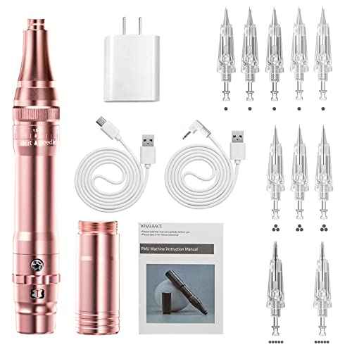 PMU Machine, cordless Permanent Makeup Machine Kit with 10 PMU Needles & 1 Lithium Battery, Tattoo Machine Microblading Machine for Eyebrows, Lips, Eyeliners - Rose Gold