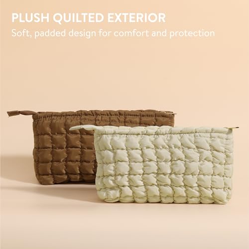 Navaris Large Puffy Makeup Bag, Set of 2 - Coquette Quilted Pouch Design - Preppy Clean Girl Aesthetic - Lightweight Cosmetic Bags - Make up, Skincare & Toiletries - Brown & Beige