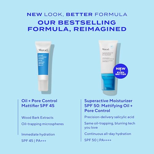 Murad Superactive Mattifying Oil and Pore Control Moisturizer SPF 50 - Shine Free Hydrating Facial Sunscreen Supercharged with Salicylic Acid To Smooth Texture and Minimize Look of Pores - 1.7Fl Oz