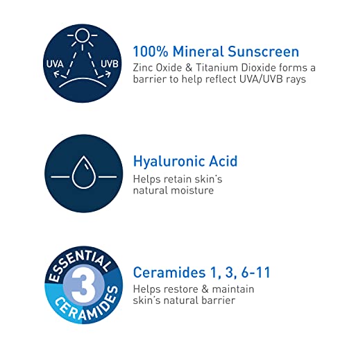 CeraVe 100% Mineral Sunscreen SPF 30 with Zinc Oxide & Titanium Dioxide,Hyaluronic Acid & Ceramides,Oil Free,Non-Greasy,Hydrating Mineral Sunscreen For Body,5 oz,(Pack of 2)